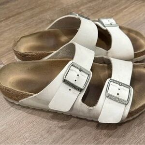 Birkenstock White and Tan Slide Sandals